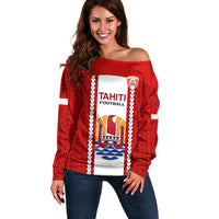 Personalised Tahitian Football Off Shoulder Sweater Tahiti Coat Of Arm Polynesian Sporty Style - Wonder Print Shop