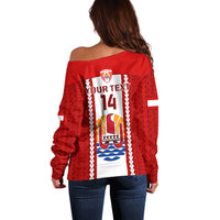 Personalised Tahitian Football Off Shoulder Sweater Tahiti Coat Of Arm Polynesian Sporty Style - Wonder Print Shop