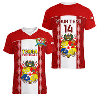 Personalised Tonga Football Women V Neck T Shirt Tongan Ngatu Pattern Sporty Style - Wonder Print Shop