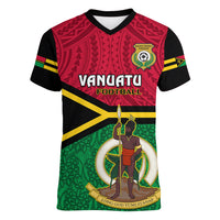 Vanuatu Football Women V Neck T Shirt Vanuatuan Coat Of Arm Polynesian Flag Style - Wonder Print Shop