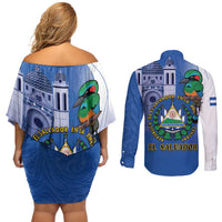El Salvador Independence Day Couples Matching Off Shoulder Short Dress and Long Sleeve Button Shirt 203rd Anniversary Torogoz Bird - Wonder Print Shop