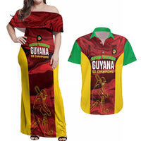 Custom Guyana Cricket Couples Matching Off Shoulder Maxi Dress and Hawaiian Shirt Go Amazon Warriors Marble Pattern - Wonder Print Shop