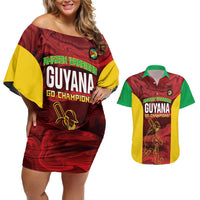 Custom Guyana Cricket Couples Matching Off Shoulder Short Dress and Hawaiian Shirt Go Amazon Warriors Marble Pattern - Wonder Print Shop
