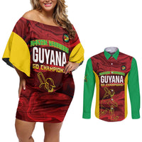 Custom Guyana Cricket Couples Matching Off Shoulder Short Dress and Long Sleeve Button Shirt Go Amazon Warriors Marble Pattern - Wonder Print Shop