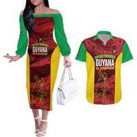 Custom Guyana Cricket Couples Matching Off The Shoulder Long Sleeve Dress and Hawaiian Shirt Go Amazon Warriors Marble Pattern - Wonder Print Shop