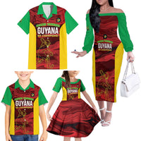 Custom Guyana Cricket Family Matching Off The Shoulder Long Sleeve Dress and Hawaiian Shirt Go Amazon Warriors Marble Pattern - Wonder Print Shop