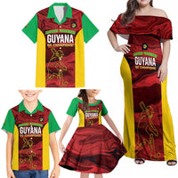 Custom Guyana Cricket Family Matching Off Shoulder Maxi Dress and Hawaiian Shirt Go Amazon Warriors Marble Pattern - Wonder Print Shop
