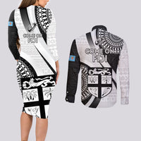 Fiji Rugby Couples Matching Long Sleeve Bodycon Dress and Long Sleeve Button Shirts World Cup 2023 Go Champions Fijian Tapa Black Version - Wonder Print Shop