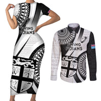 Fiji Rugby Couples Matching Short Sleeve Bodycon Dress and Long Sleeve Button Shirts World Cup 2023 Go Champions Fijian Tapa Black Version - Wonder Print Shop