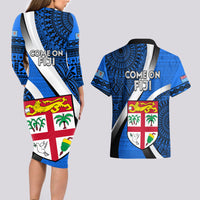 Fiji Rugby Couples Matching Long Sleeve Bodycon Dress and Hawaiian Shirt World Cup 2023 Go Champions Fijian Tapa Blue Version - Wonder Print Shop