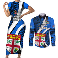 Fiji Rugby Couples Matching Short Sleeve Bodycon Dress and Long Sleeve Button Shirts World Cup 2023 Go Champions Fijian Tapa Blue Version - Wonder Print Shop
