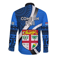 Fiji Rugby Long Sleeve Button Shirt World Cup 2023 Go Champions Fijian Tapa Blue Version - Wonder Print Shop
