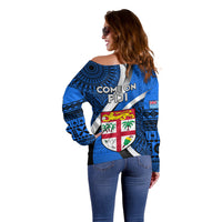 Fiji Rugby Off Shoulder Sweater World Cup 2023 Go Champions Fijian Tapa Blue Version - Wonder Print Shop