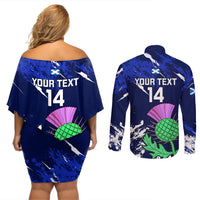 Custom Scotland Rugby Couples Matching Off Shoulder Short Dress and Long Sleeve Button Shirts World Cup 2023 Go Scottish Thistle Grunge Style - Wonder Print Shop