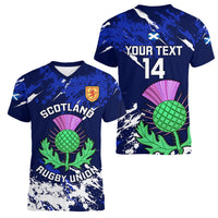 Custom Scotland Rugby Women V Neck T Shirt World Cup 2023 Go Scottish Thistle Grunge Style - Wonder Print Shop
