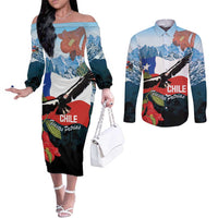 Chile Fiestas Patrias Couples Matching Off The Shoulder Long Sleeve Dress and Long Sleeve Button Shirt Andean Condor Andes Mountains - Wonder Print Shop