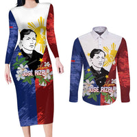 Philippines Rizal Day Couples Matching Long Sleeve Bodycon Dress and Long Sleeve Button Shirt Filipino Sampaguita Grunge Style - Wonder Print Shop