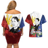 Philippines Rizal Day Couples Matching Off Shoulder Short Dress and Hawaiian Shirt Filipino Sampaguita Grunge Style - Wonder Print Shop