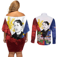 Philippines Rizal Day Couples Matching Off Shoulder Short Dress and Long Sleeve Button Shirt Filipino Sampaguita Grunge Style - Wonder Print Shop