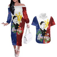 Philippines Rizal Day Couples Matching Off The Shoulder Long Sleeve Dress and Hawaiian Shirt Filipino Sampaguita Grunge Style - Wonder Print Shop