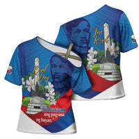 Philippines Rizal Day Cross Shoulder Shirt Filipino Motto Stella Polynesian Pattern - Wonder Print Shop