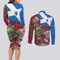 Saint Andrews Day Scotland Couples Matching Long Sleeve Bodycon Dress and Long Sleeve Button Shirt Thistle Traditional Bagpipe Tartan Pattern - Wonder Print Shop