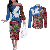 Saint Andrews Day Scotland Couples Matching Off The Shoulder Long Sleeve Dress and Long Sleeve Button Shirt Thistle Traditional Bagpipe Tartan Pattern - Wonder Print Shop