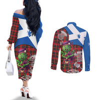 Saint Andrews Day Scotland Couples Matching Off The Shoulder Long Sleeve Dress and Long Sleeve Button Shirt Thistle Traditional Bagpipe Tartan Pattern - Wonder Print Shop
