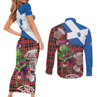 Saint Andrews Day Scotland Couples Matching Short Sleeve Bodycon Dress and Long Sleeve Button Shirt Thistle Traditional Bagpipe Tartan Pattern - Wonder Print Shop