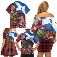 Saint Andrews Day Scotland Family Matching Off Shoulder Short Dress and Hawaiian Shirt Thistle Traditional Bagpipe Tartan Pattern - Wonder Print Shop