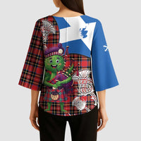Saint Andrews Day Scotland Kimono Sleeve Blouse Thistle Traditional Bagpipe Tartan Pattern - Wonder Print Shop