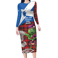 Saint Andrews Day Scotland Long Sleeve Bodycon Dress Thistle Traditional Bagpipe Tartan Pattern - Wonder Print Shop