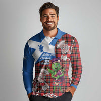 Saint Andrews Day Scotland Long Sleeve Polo Shirt Thistle Traditional Bagpipe Tartan Pattern - Wonder Print Shop