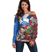 Saint Andrews Day Scotland Off Shoulder Sweater Thistle Traditional Bagpipe Tartan Pattern - Wonder Print Shop