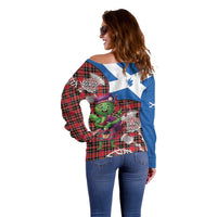 Saint Andrews Day Scotland Off Shoulder Sweater Thistle Traditional Bagpipe Tartan Pattern - Wonder Print Shop