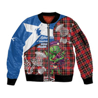 Saint Andrews Day Scotland Sleeve Zip Bomber Jacket Thistle Traditional Bagpipe Tartan Pattern - Wonder Print Shop