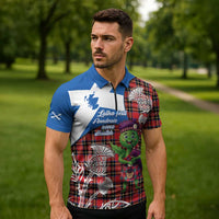 Saint Andrews Day Scotland Zipper Polo Shirt Thistle Traditional Bagpipe Tartan Pattern - Wonder Print Shop