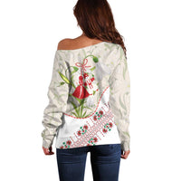 Baba Marta Bulgaria Off Shoulder Sweater Martenitsa Snowdrop Shevitsa Folk Pattern