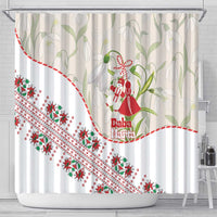 Baba Marta Bulgaria Shower Curtain Martenitsa Snowdrop Shevitsa Folk Pattern