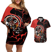 Red and black off-shoulder short dress and matching Hawaiian shirt with tribal face print