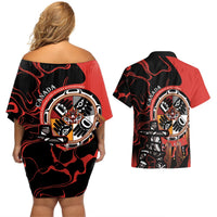 Red and black off-shoulder short dress and matching Hawaiian shirt with circular Indigenous logo
