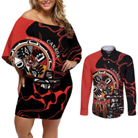 Off-shoulder short dress and long-sleeve button shirt set, red and black tribal graphic