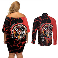 Matching dress and button shirt set, back views with red and black tribal graphic