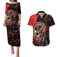 Red and black graphic pulletasi dress with round neckline, short sleeves, midi length