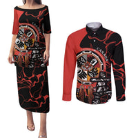 Matching red-and-black graphic pulletasi dress and long-sleeve button shirt