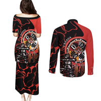 Matching red-and-black graphic pulletasi dress and long-sleeve button shirt, back view