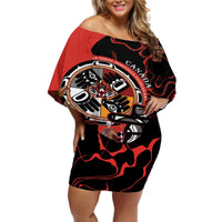 Women’s off-shoulder short dress in red/black with large Indigenous graphic print.