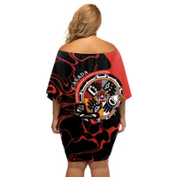 Women’s off-shoulder short dress back view, red/black with circular Indigenous graphic.
