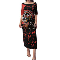 Red and black graphic print long dress with short sleeves and crew neck, front artwork