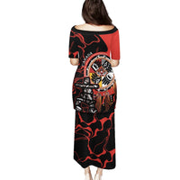 Red and black graphic print long dress with short sleeves and crew neck, back artwork